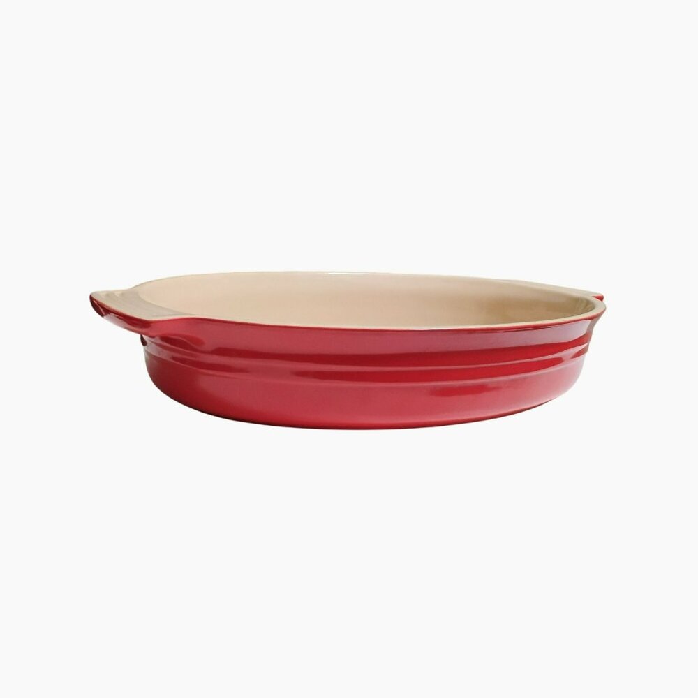 Le Creuset Oval Stoneware Baking Dish 16"x10" Red & Beige Handles Durable - Picture 5 of 7
